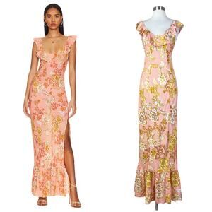 NEW Free People | Remind Me Peach Pink Floral Ruffle Slit Slip Maxi Dress XS NWT